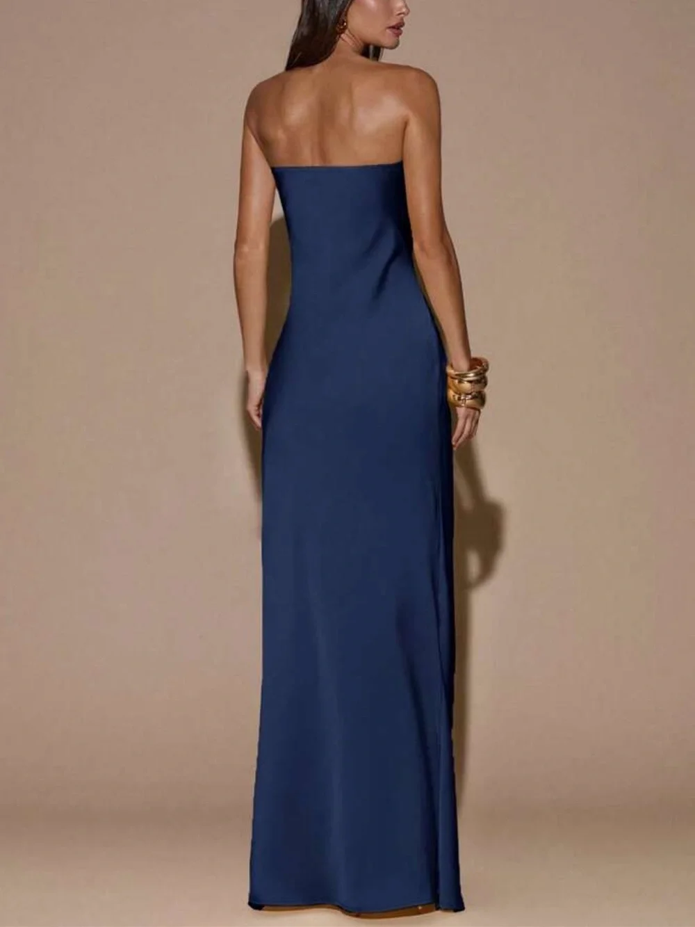 Strapless Navy Blue Satin Ruched Evening Gown